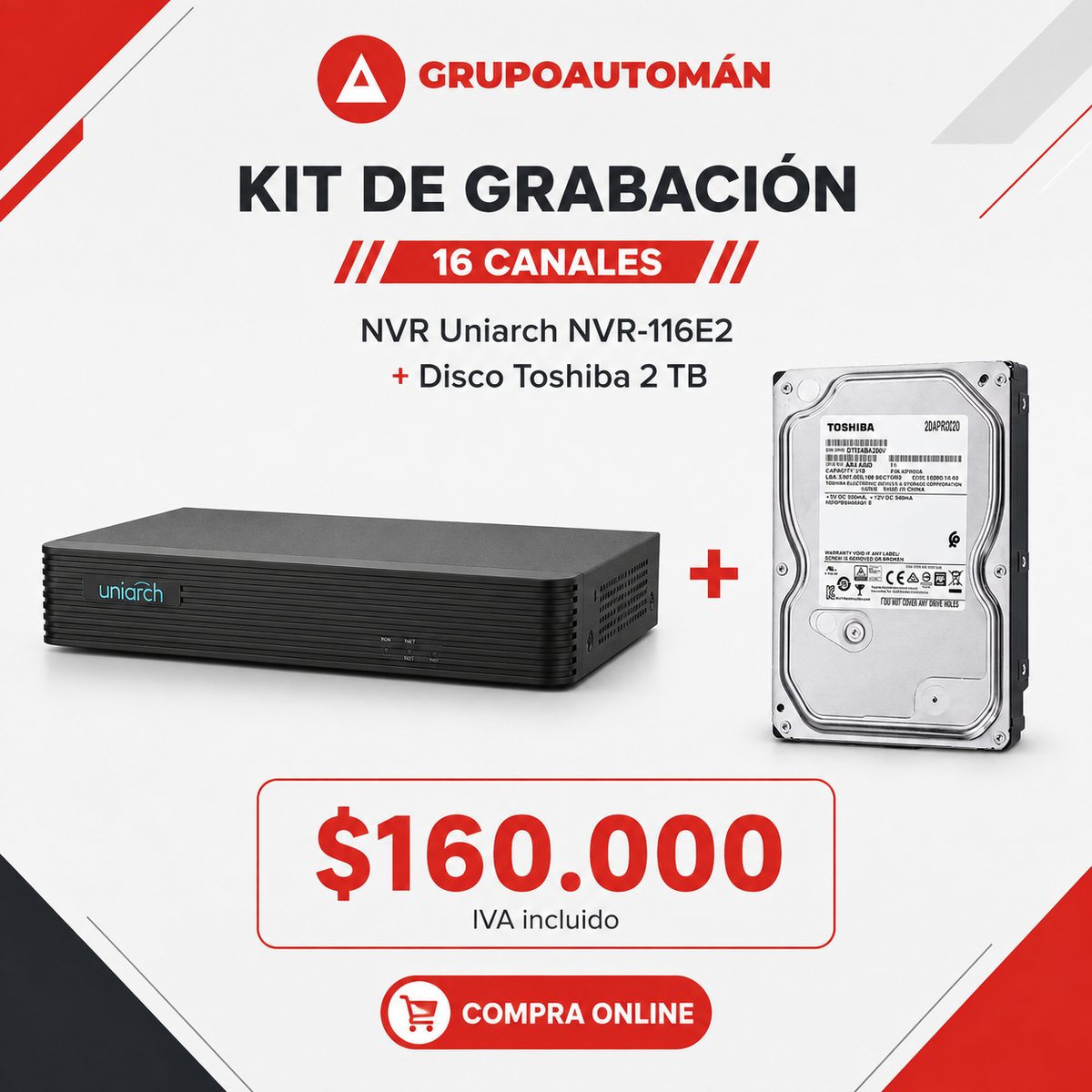 Kit NVR Uniarch 16 Canales + Disco Toshiba 2TB