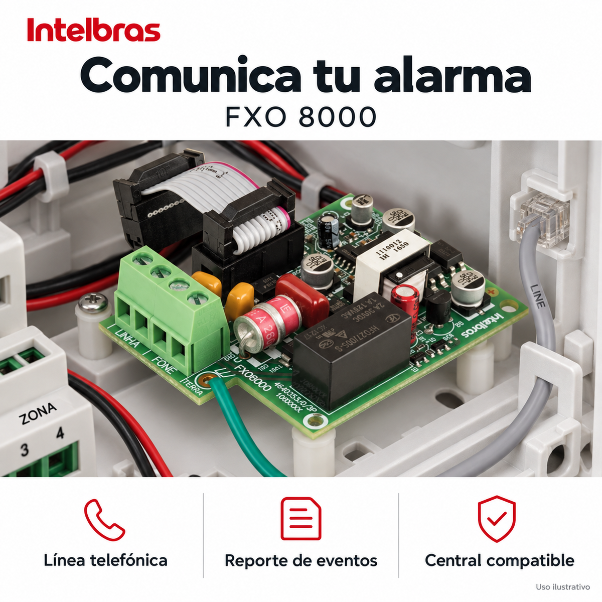 Módulo telefónico Intelbras FXO 8000: ejemplo de uso y funciones principales. Imagen ilustrativa.
