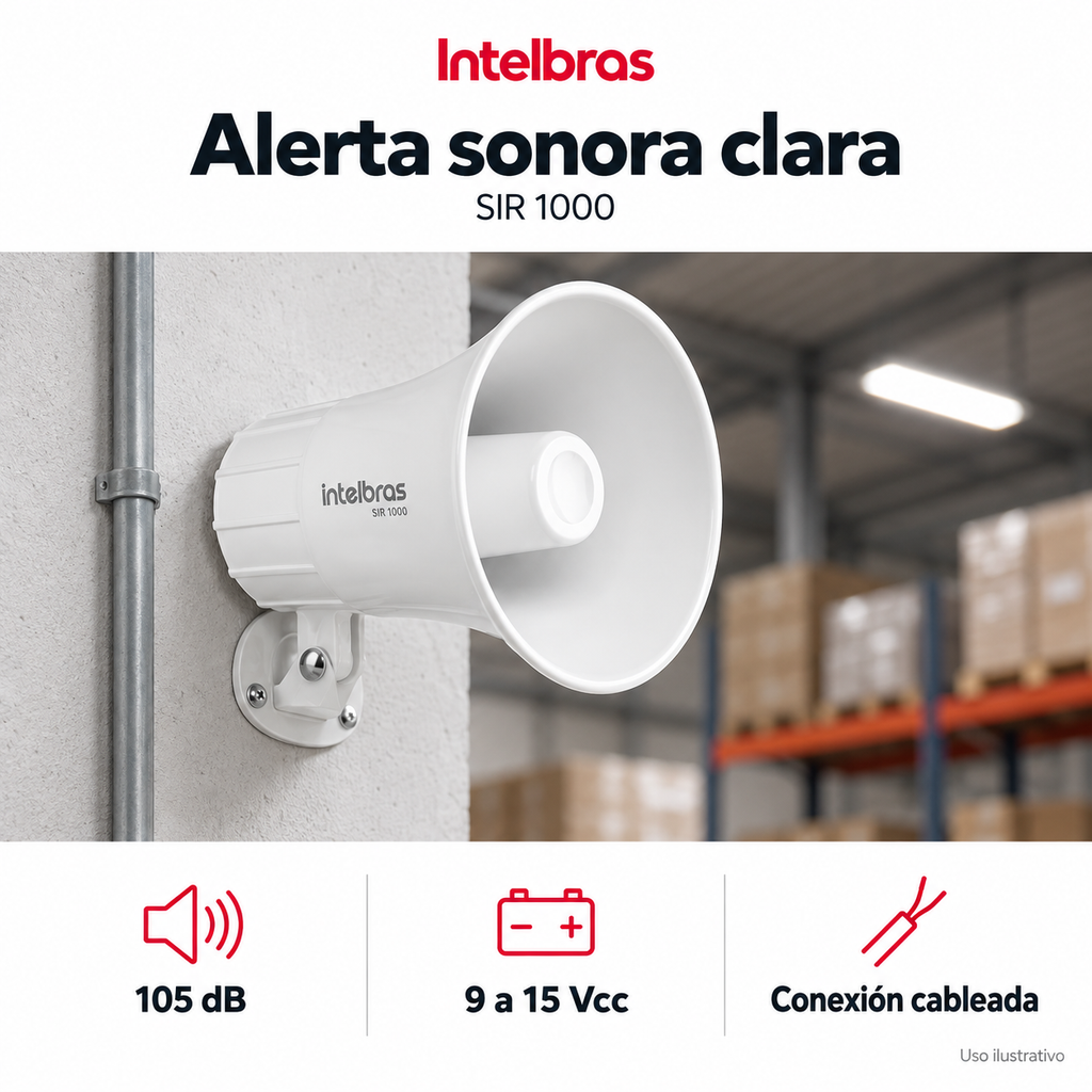Sirena cableada Intelbras 105 dB SIR 1000: ejemplo de uso y funciones principales. Imagen ilustrativa.