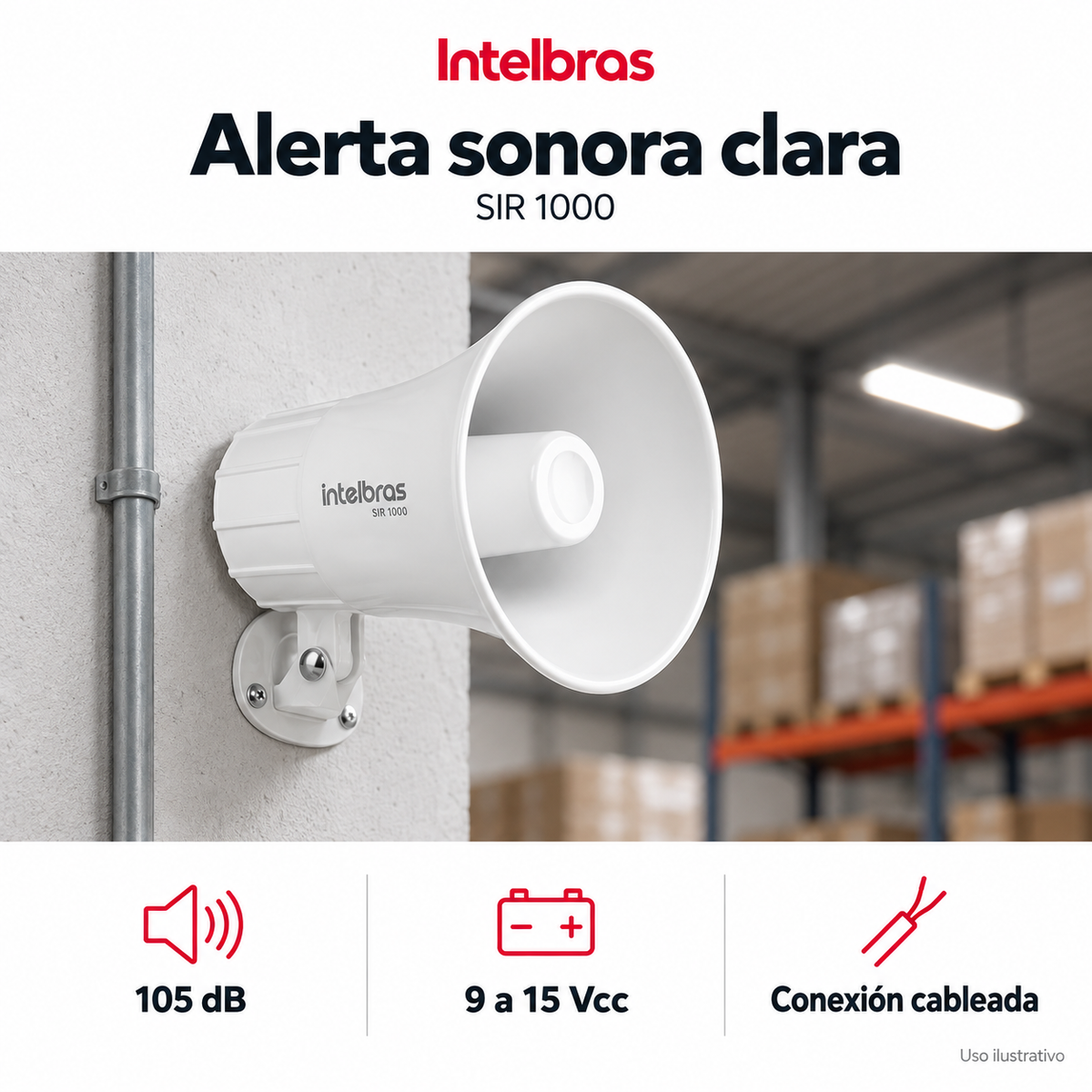 Sirena cableada Intelbras 105 dB SIR 1000: ejemplo de uso y funciones principales. Imagen ilustrativa.
