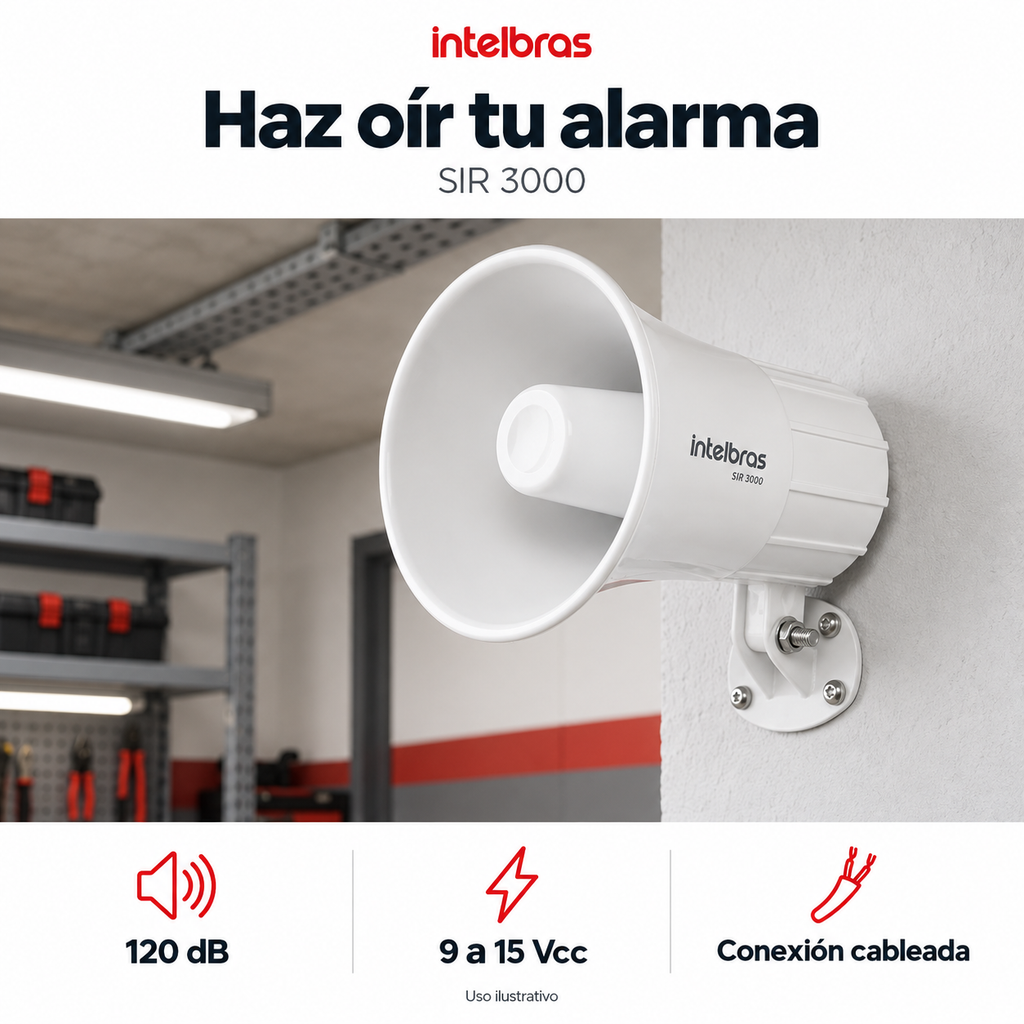 Sirena cableada Intelbras 120 dB SIR 3000: ejemplo de uso y funciones principales. Imagen ilustrativa.