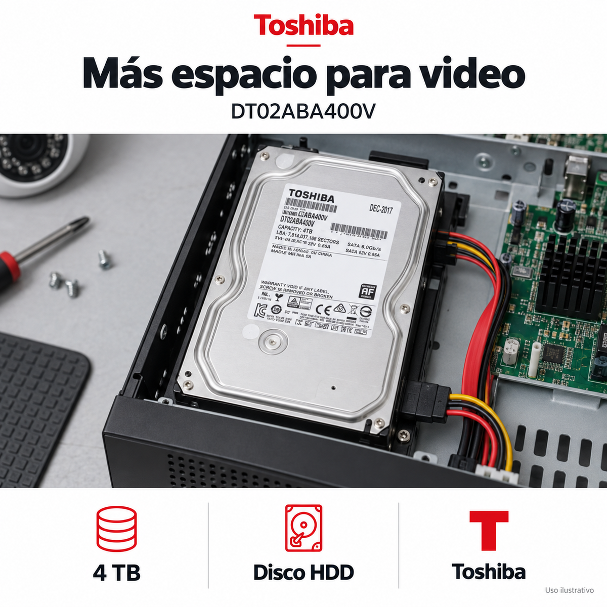 Disco duro Toshiba 4 TB DT02ABA400V: ejemplo de uso y funciones principales. Imagen ilustrativa.
