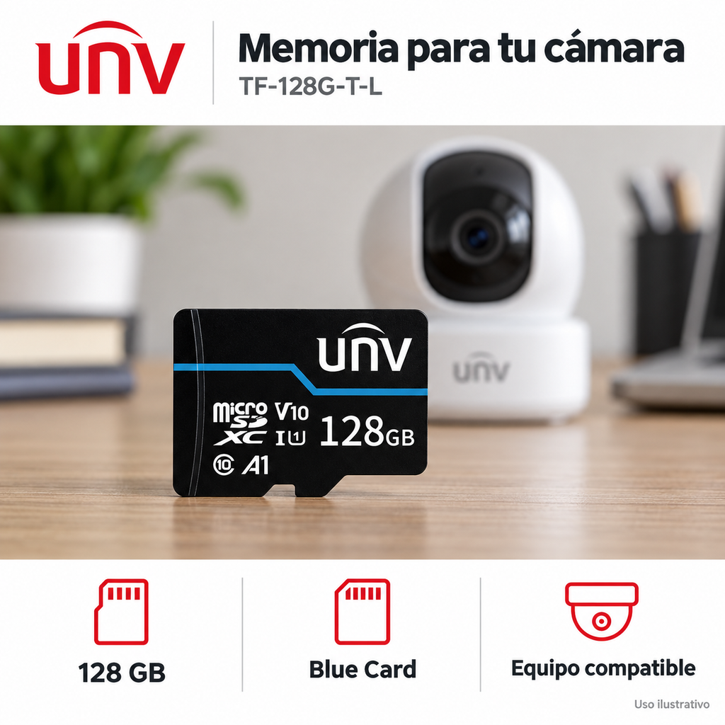Tarjeta de memoria Blue Card 128 GB TF-128G-T-L: ejemplo de uso y funciones principales. Imagen ilustrativa.