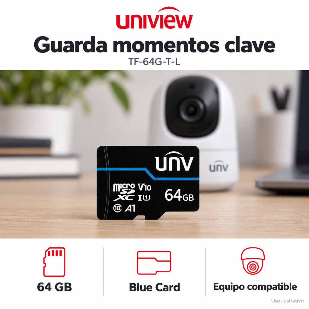Tarjeta de memoria Blue Card 64 GB TF-64G-T-L: ejemplo de uso y funciones principales. Imagen ilustrativa.
