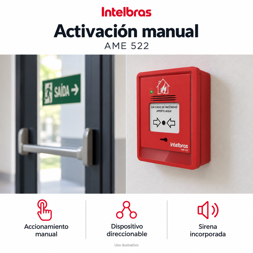 Pulsador de incendio Intelbras AME 522: ejemplo de uso y funciones principales. Imagen ilustrativa.