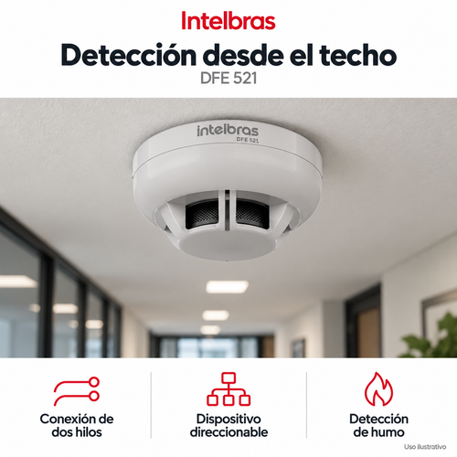 Detector de humo Intelbras DFE 521: ejemplo de uso y funciones principales. Imagen ilustrativa.