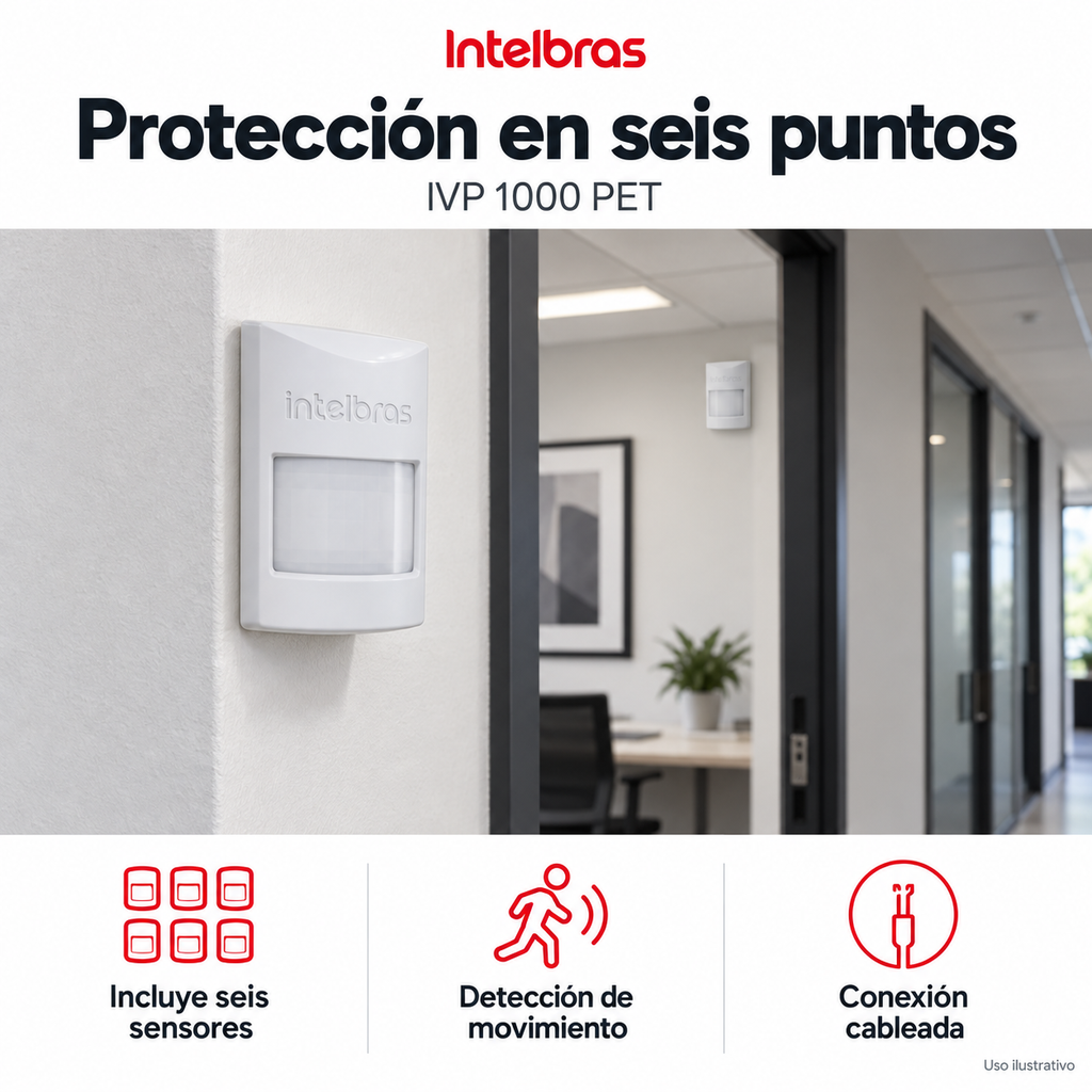 Kit de 6 sensores Intelbras IVP 1000 PET: ejemplo de uso y funciones principales. Imagen ilustrativa.