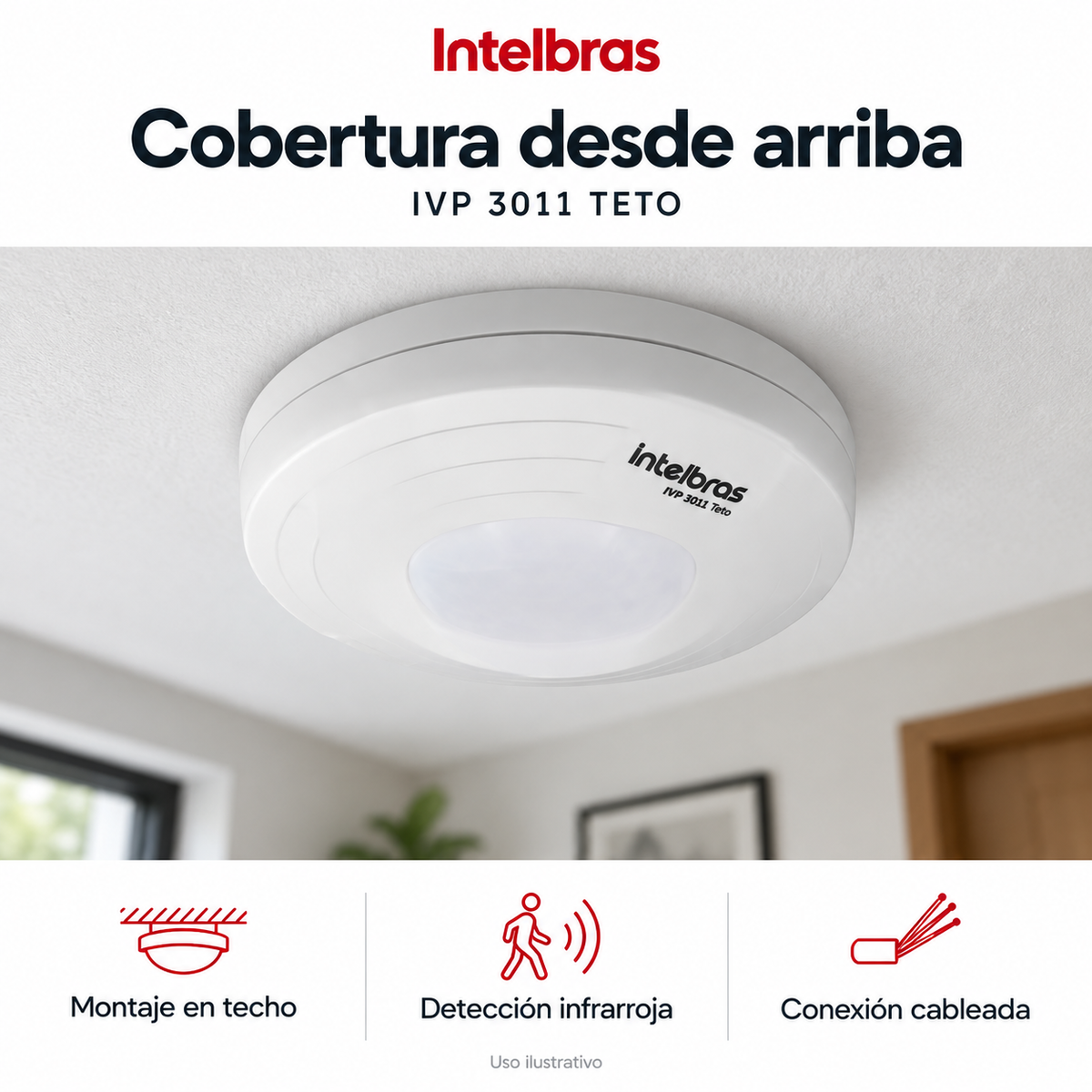 Sensor de techo Intelbras IVP 3011 TETO: ejemplo de uso y funciones principales. Imagen ilustrativa.
