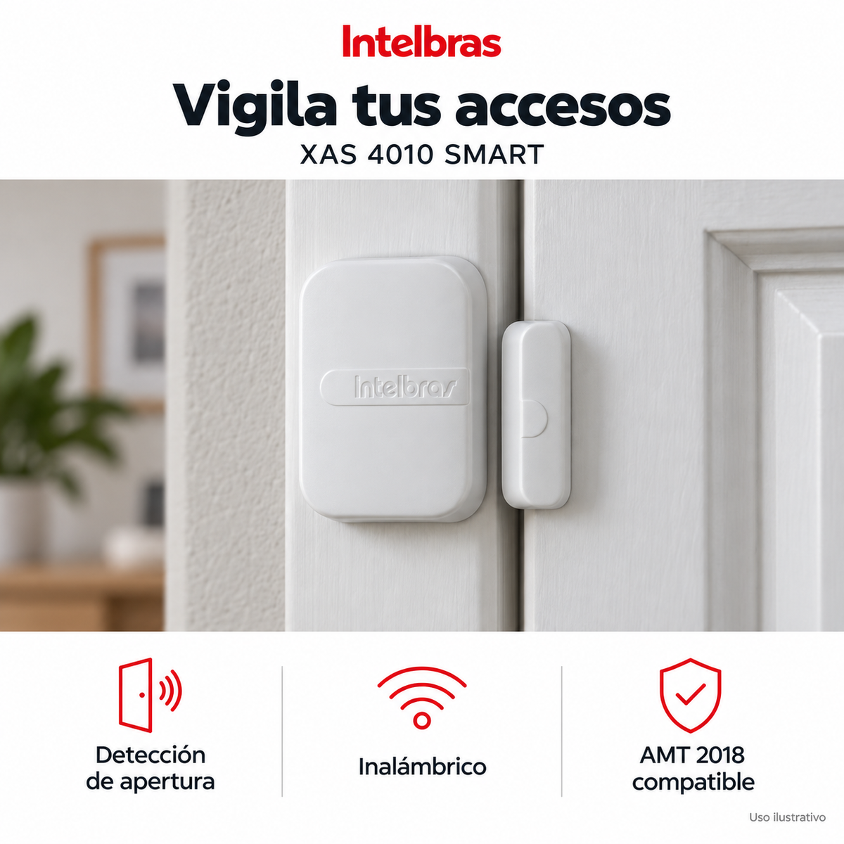 Sensor de apertura Intelbras XAS 4010 SMART: ejemplo de uso y funciones principales. Imagen ilustrativa.