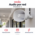 Parlante IP Uniview 30 W IPS302030-S: ejemplo de uso y funciones principales. Imagen ilustrativa.
