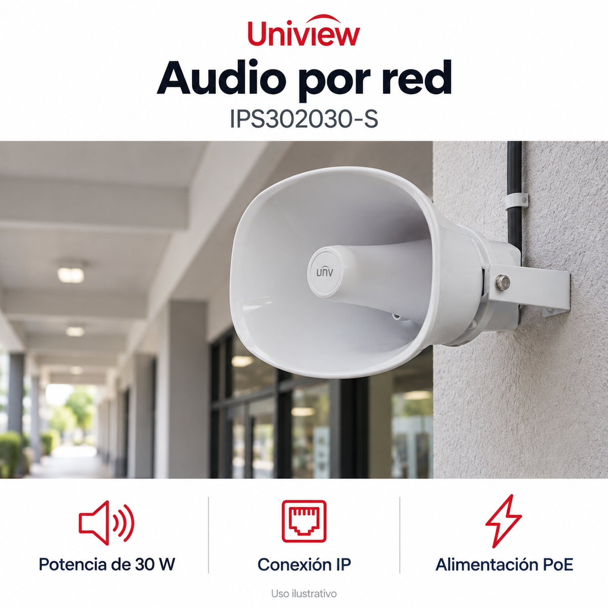 Parlante IP Uniview 30 W IPS302030-S: ejemplo de uso y funciones principales. Imagen ilustrativa.