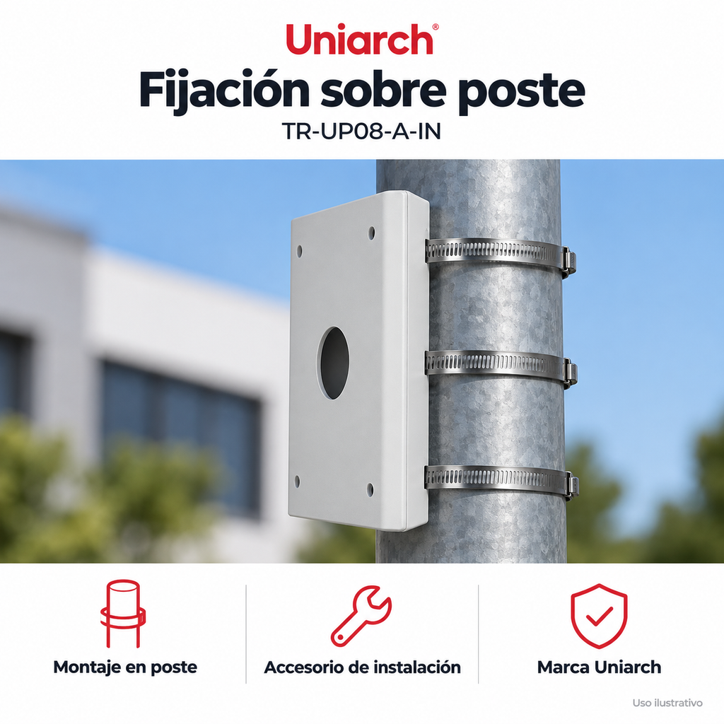 Soporte para poste Uniarch TR-UP08-A-IN: ejemplo de uso y funciones principales. Imagen ilustrativa.