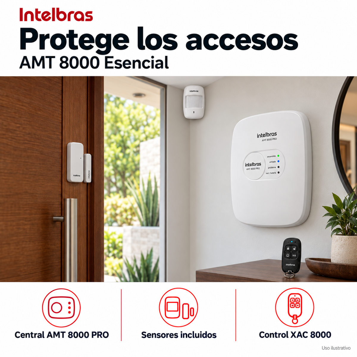 Kit de alarma Intelbras AMT 8000 Esencial: ejemplo de uso y funciones principales. Imagen ilustrativa.
