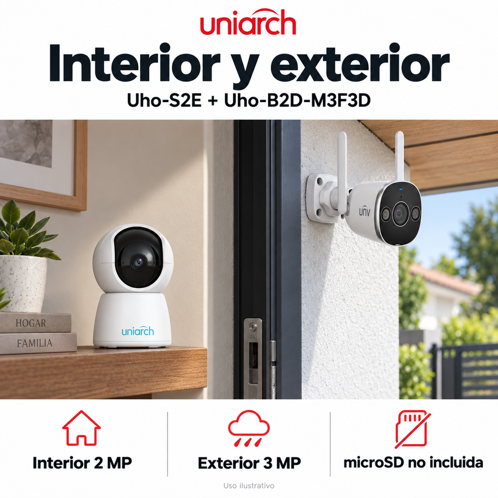 Kit de cámaras Wi-Fi Uniarch Uho-S2E + Uho-B2D-M3F3D: ejemplo de uso y funciones principales. Imagen ilustrativa.