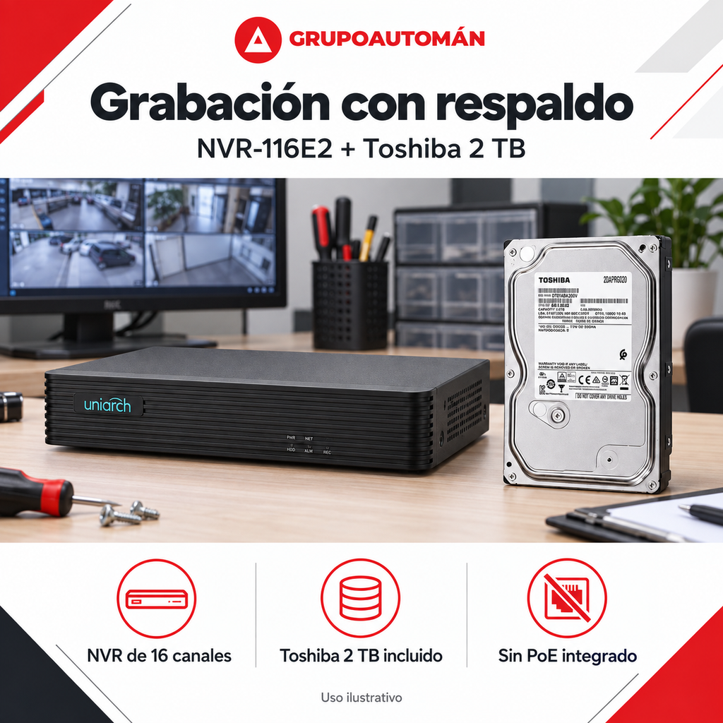Kit NVR Uniarch con disco de 2 TB NVR-116E2 + Toshiba 2 TB: ejemplo de uso y funciones principales. Imagen ilustrativa.
