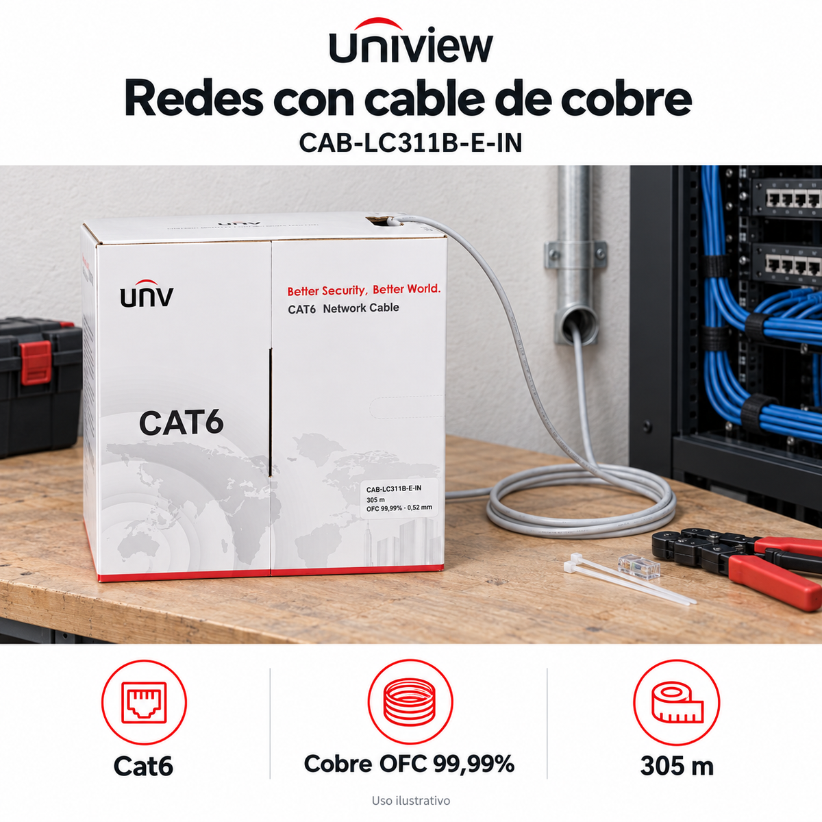 Cable UTP Cat6 de cobre 305 m CAB-LC311B-E-IN: ejemplo de uso y funciones principales. Imagen ilustrativa.