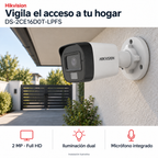 Hikvision DS-2CE16D0T-LPFS: instalación ilustrativa creada con IA. Funciones: 2 MP · Full HD, Iluminación dual, Micrófono integrado.