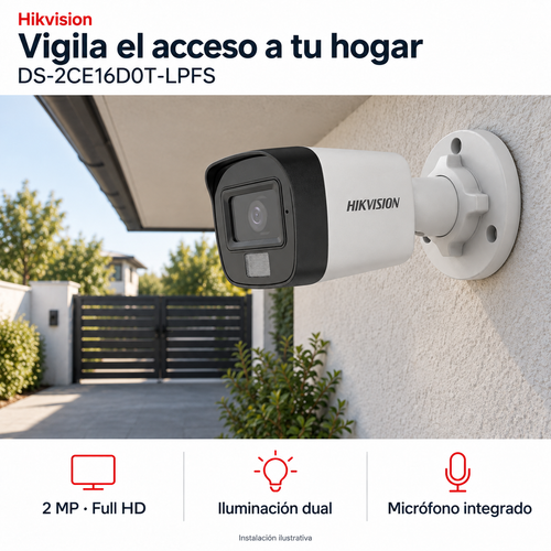 Hikvision DS-2CE16D0T-LPFS: instalación ilustrativa creada con IA. Funciones: 2 MP · Full HD, Iluminación dual, Micrófono integrado.