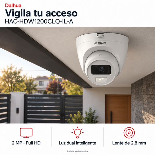 Dahua HAC-HDW1200CLQ-IL-A: instalación ilustrativa creada con IA. Funciones: 2 MP · Full HD, Luz dual inteligente, Lente de 2,8 mm.