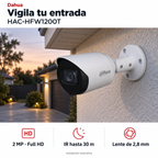 Dahua HAC-HFW1200T: instalación ilustrativa creada con IA. Funciones: 2 MP · Full HD, IR hasta 30 m, Lente de 2,8 mm.