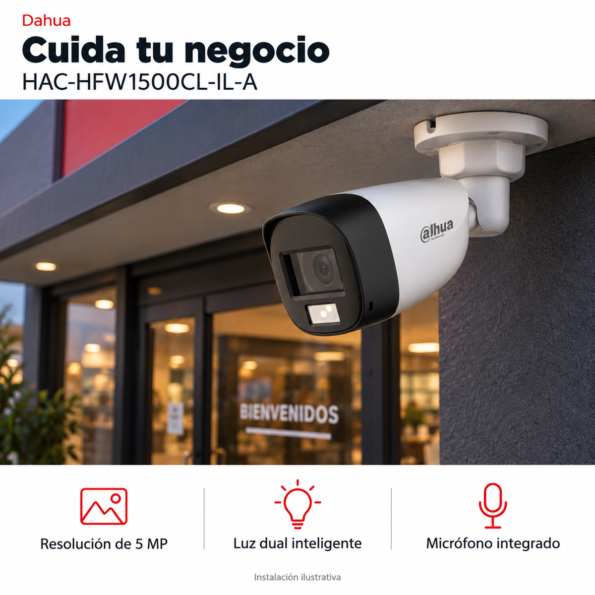 Dahua HAC-HFW1500CL-IL-A: instalación ilustrativa creada con IA. Funciones: Resolución de 5 MP, Luz dual inteligente, Micrófono integrado.