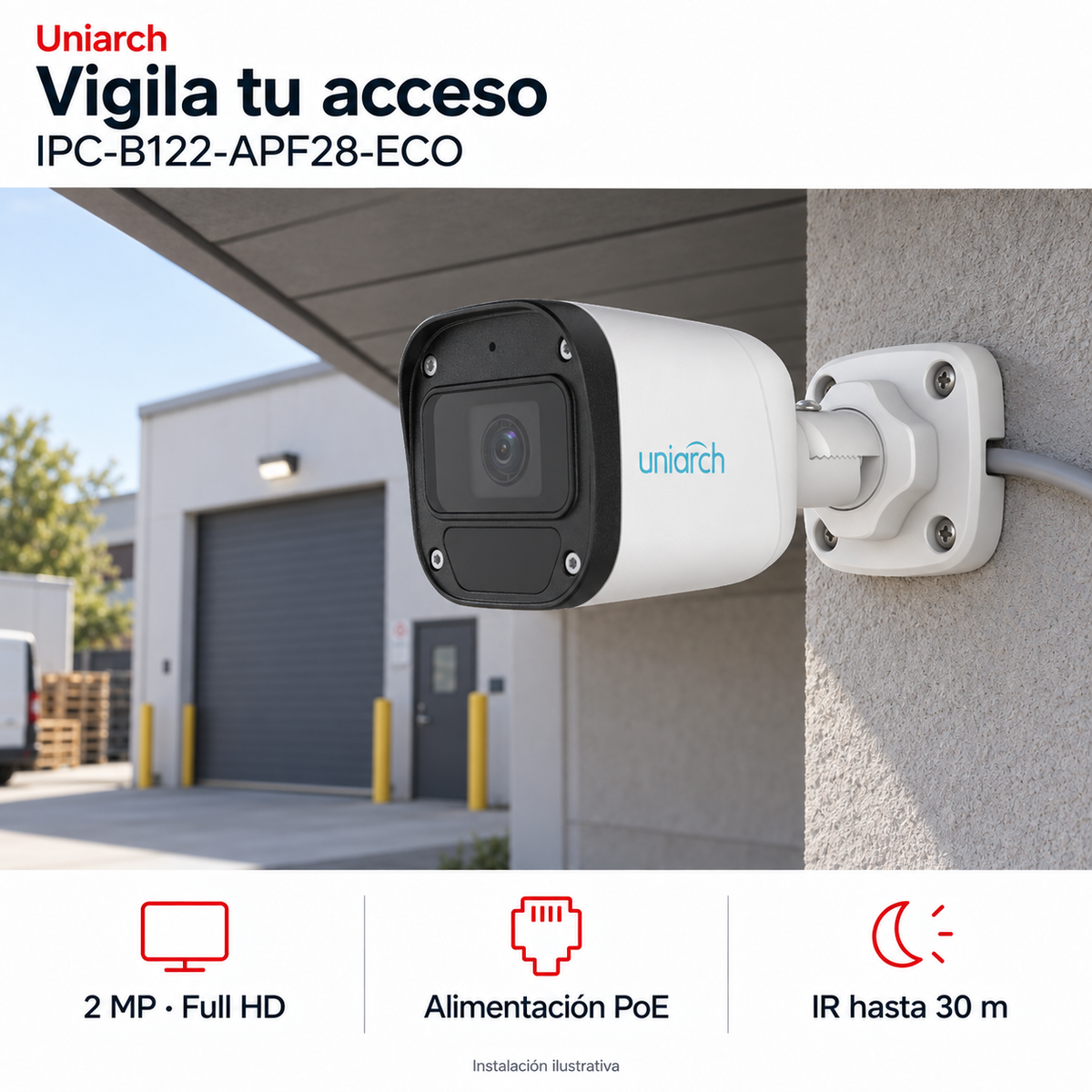 Uniarch IPC-B122-APF28-ECO: instalación ilustrativa creada con IA. Funciones: 2 MP · Full HD, Alimentación PoE, IR hasta 30 m.