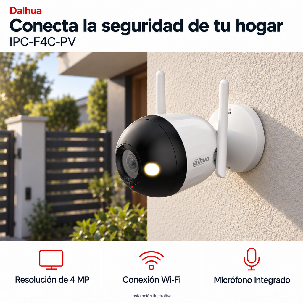 Dahua IPC-F4C-PV: instalación ilustrativa creada con IA. Funciones: Resolución de 4 MP, Conexión Wi-Fi, Micrófono integrado.