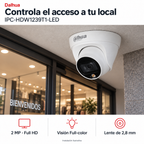 Dahua IPC-HDW1239T1-LED: instalación ilustrativa creada con IA. Funciones: 2 MP · Full HD, Visión Full-color, Lente de 2,8 mm.