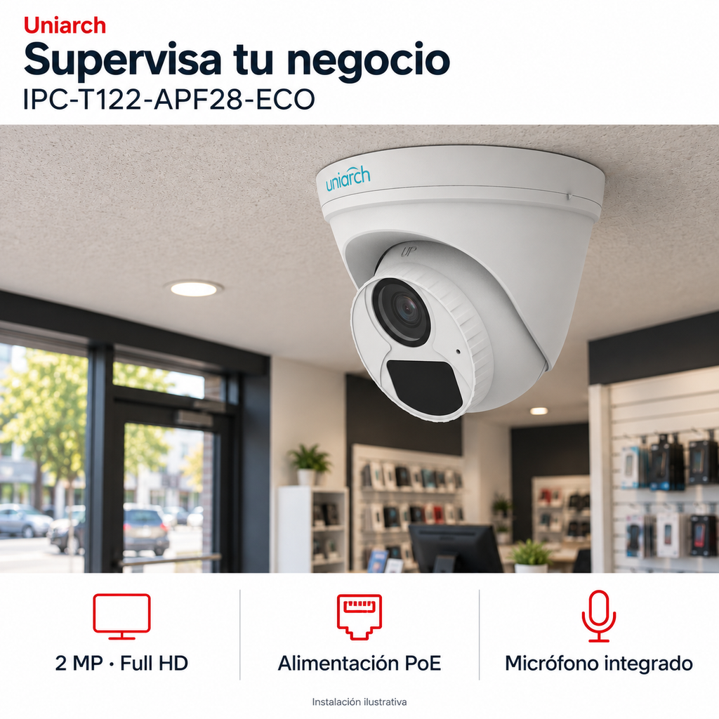 Uniarch IPC-T122-APF28-ECO: instalación ilustrativa creada con IA. Funciones: 2 MP · Full HD, Alimentación PoE, Micrófono integrado.