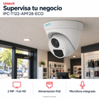 Uniarch IPC-T122-APF28-ECO: instalación ilustrativa creada con IA. Funciones: 2 MP · Full HD, Alimentación PoE, Micrófono integrado.