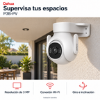 Dahua P3B-PV: instalación ilustrativa creada con IA. Funciones: Resolución de 3 MP, Conexión Wi-Fi, Giro e inclinación.