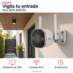 Uniarch Uho-B2D-M3F3D: instalación ilustrativa creada con IA. Funciones: Resolución de 3 MP, Conexión Wi-Fi, IR hasta 20 m.