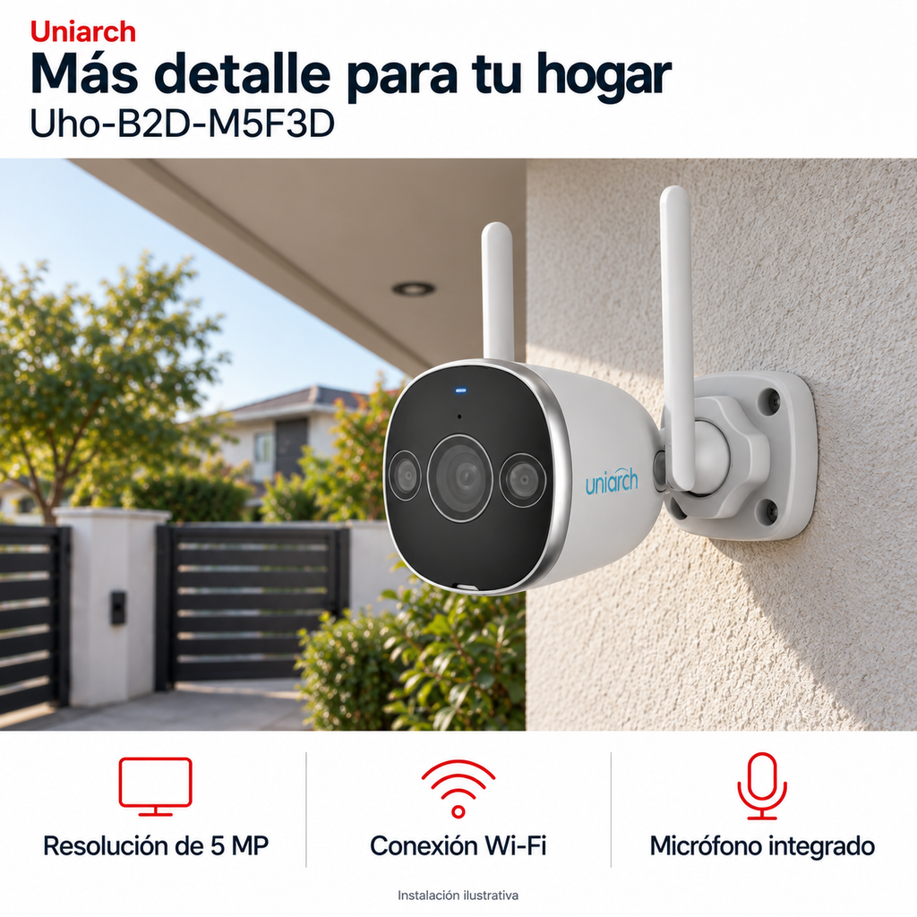 Uniarch Uho-B2D-M5F3D: instalación ilustrativa creada con IA. Funciones: Resolución de 5 MP, Conexión Wi-Fi, Micrófono integrado.