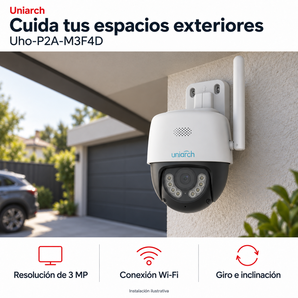 Uniarch Uho-P2A-M3F4D: instalación ilustrativa creada con IA. Funciones: Resolución de 3 MP, Conexión Wi-Fi, Giro e inclinación.