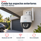Uniarch Uho-P2A-M3F4D: instalación ilustrativa creada con IA. Funciones: Resolución de 3 MP, Conexión Wi-Fi, Giro e inclinación.