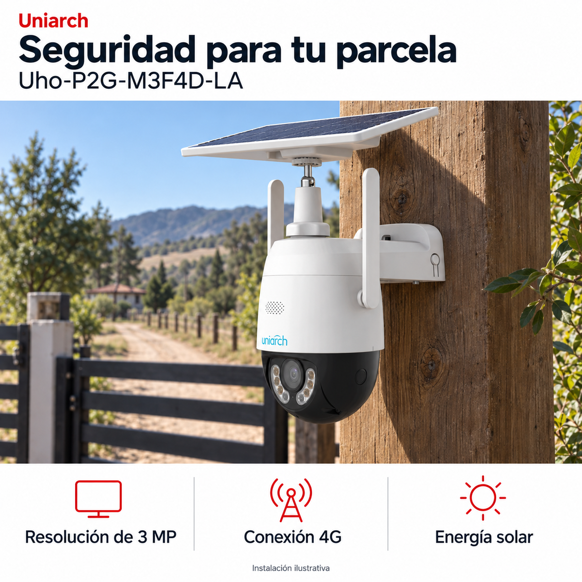 Uniarch Uho-P2G-M3F4D-LA: instalación ilustrativa creada con IA. Funciones: Resolución de 3 MP, Conexión 4G, Energía solar.