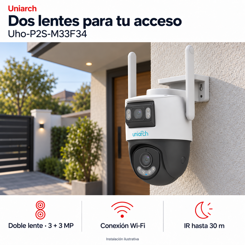 Uniarch Uho-P2S-M33F34: instalación ilustrativa creada con IA. Funciones: Doble lente · 3 + 3 MP, Conexión Wi-Fi, IR hasta 30 m.
