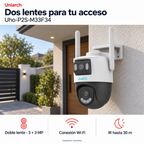 Uniarch Uho-P2S-M33F34: instalación ilustrativa creada con IA. Funciones: Doble lente · 3 + 3 MP, Conexión Wi-Fi, IR hasta 30 m.