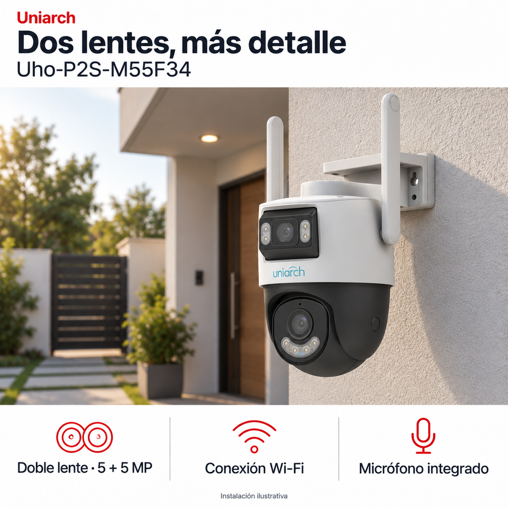 Uniarch Uho-P2S-M55F34: instalación ilustrativa creada con IA. Funciones: Doble lente · 5 + 5 MP, Conexión Wi-Fi, Micrófono integrado.