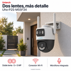 Uniarch Uho-P2S-M55F34: instalación ilustrativa creada con IA. Funciones: Doble lente · 5 + 5 MP, Conexión Wi-Fi, Micrófono integrado.