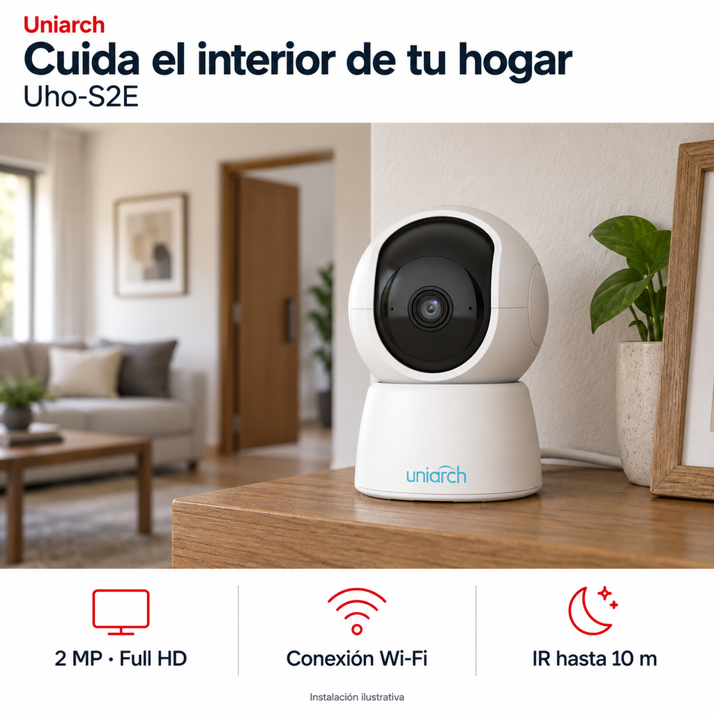 Uniarch Uho-S2E: instalación ilustrativa creada con IA. Funciones: 2 MP · Full HD, Conexión Wi-Fi, IR hasta 10 m.