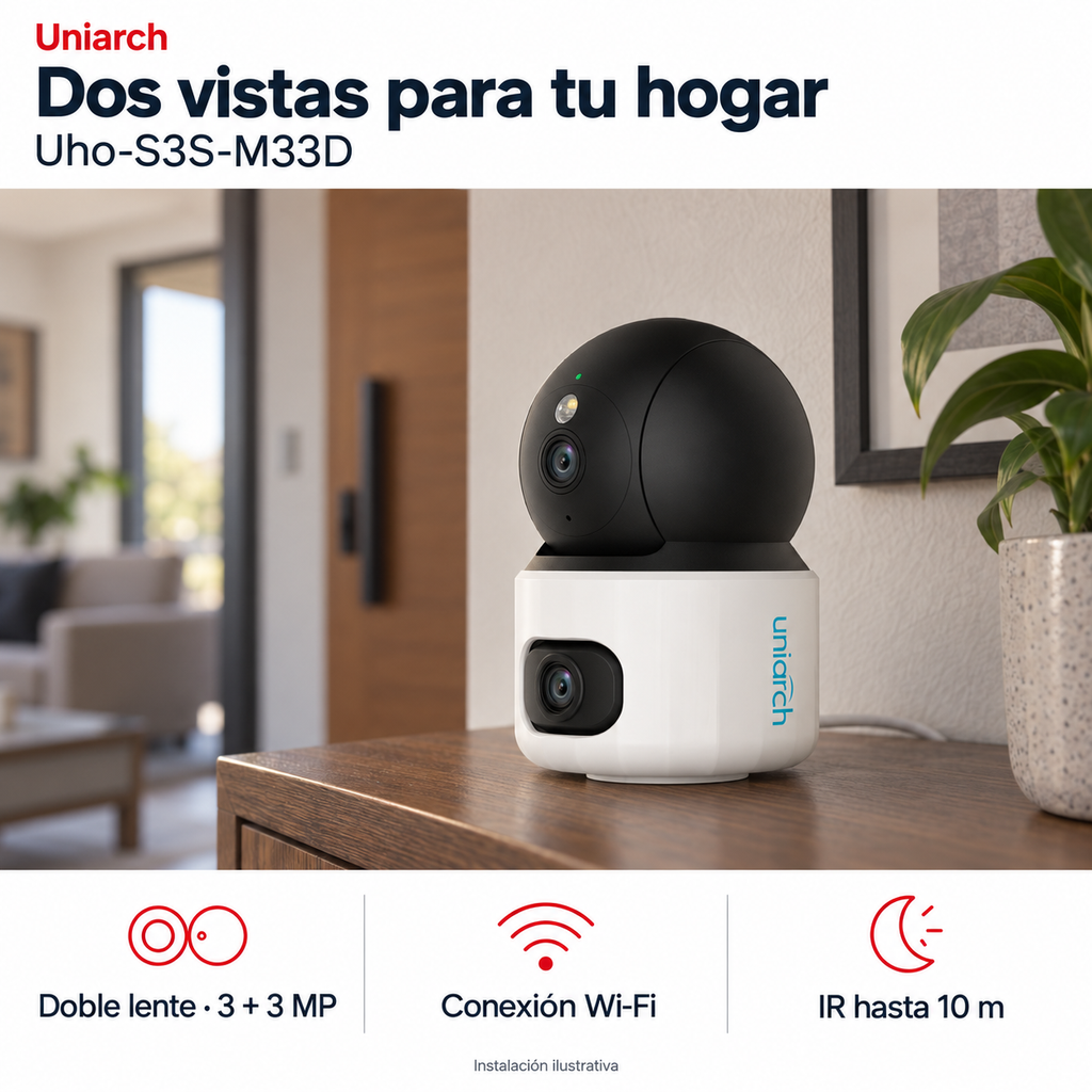 Uniarch Uho-S3S-M33D: instalación ilustrativa creada con IA. Funciones: Doble lente · 3 + 3 MP, Conexión Wi-Fi, IR hasta 10 m.