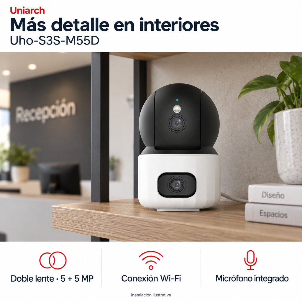 Uniarch Uho-S3S-M55D: instalación ilustrativa creada con IA. Funciones: Doble lente · 5 + 5 MP, Conexión Wi-Fi, Micrófono integrado.
