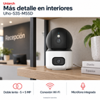 Uniarch Uho-S3S-M55D: instalación ilustrativa creada con IA. Funciones: Doble lente · 5 + 5 MP, Conexión Wi-Fi, Micrófono integrado.